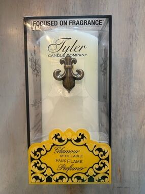 Tyler Candle Company Glamour Perfumer White Refillable Faux Flame Pillar Candle